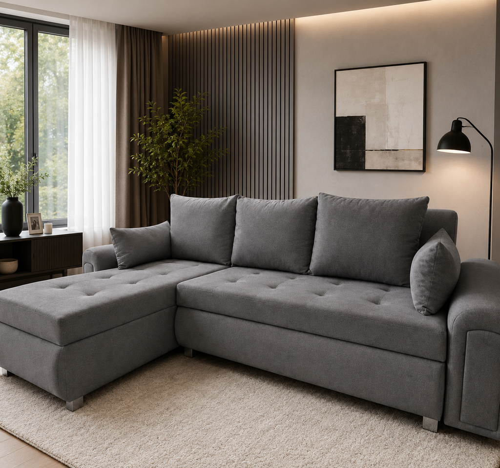 New Luxe 3 seater sofa with bed feature and storage in god fabric quality