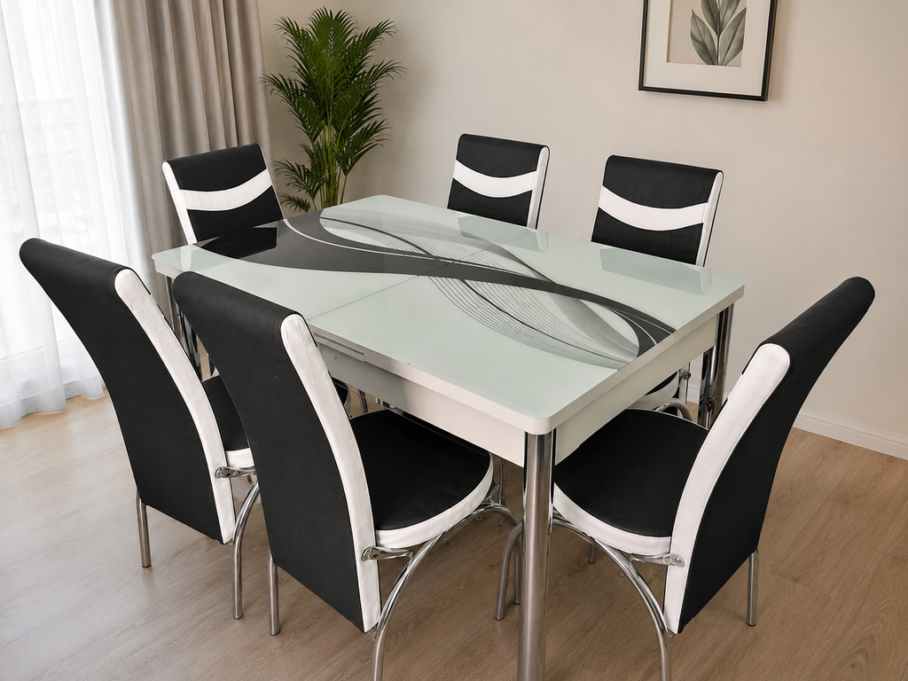 Modern Luxury Glass Dining Table Set with 6 Chairs – Premium Black & White Finish