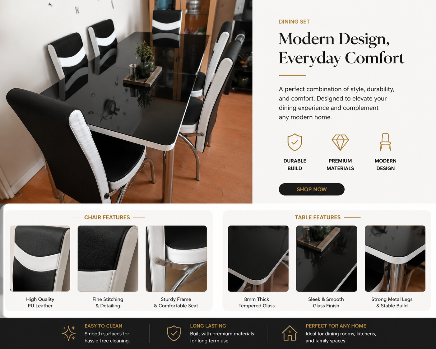 Elegant Black Glass Dining Table Set with 6 Chairs – Modern Luxury Collection