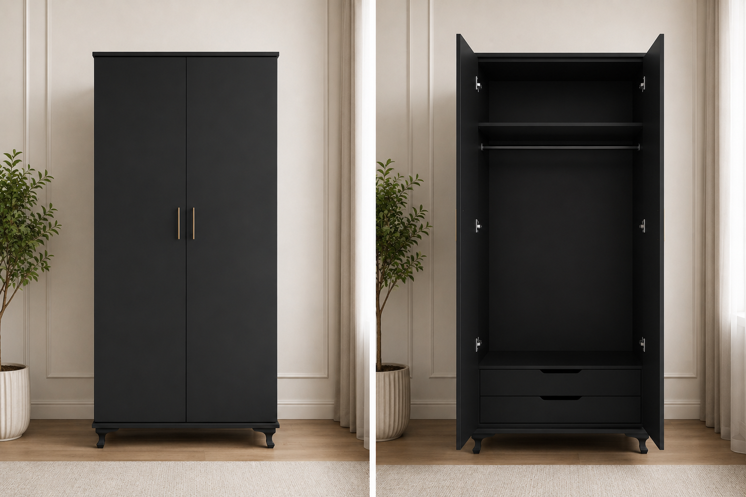 New 2 door wardrobe with storage drawers in black color