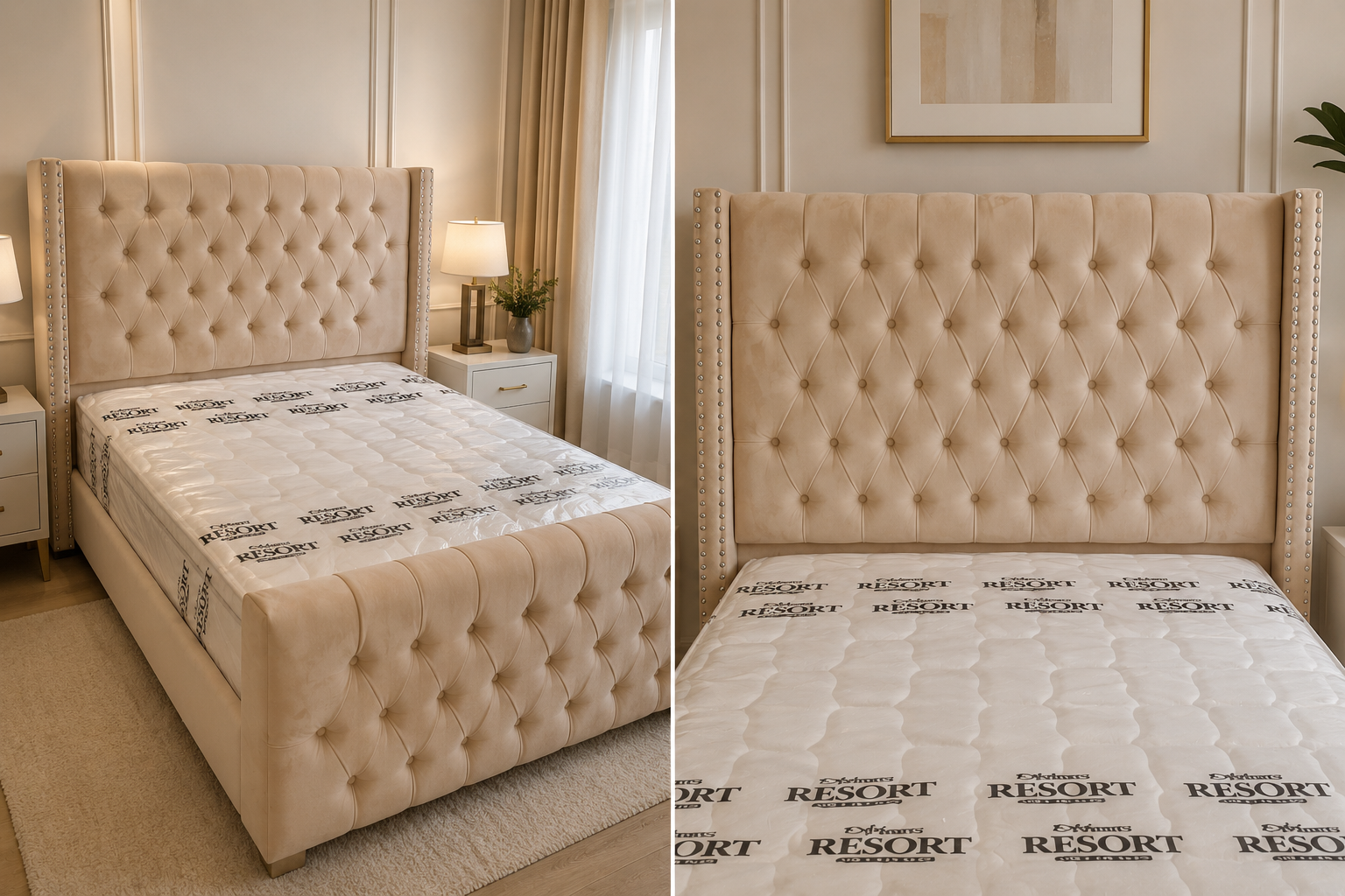 New Glorious Beige Color Diamond Headboard and Quality Mattress
