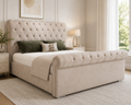 Royal Chesterfield Upholstered Bed – Luxury Tufted Bed Frame in Beige