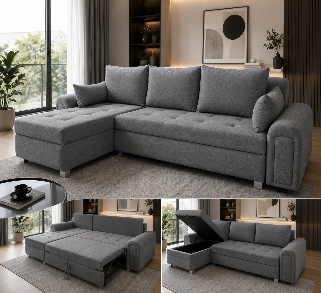 New Luxe 3 seater sofa with bed feature and storage in god fabric quality