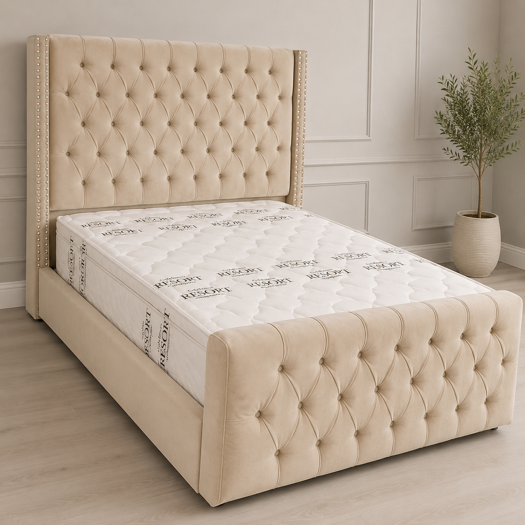 New Glorious Beige Color Diamond Headboard and Quality Mattress
