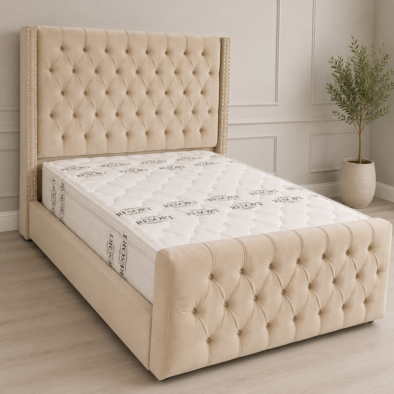 New Glorious Beige Color Diamond Headboard and Quality Mattress