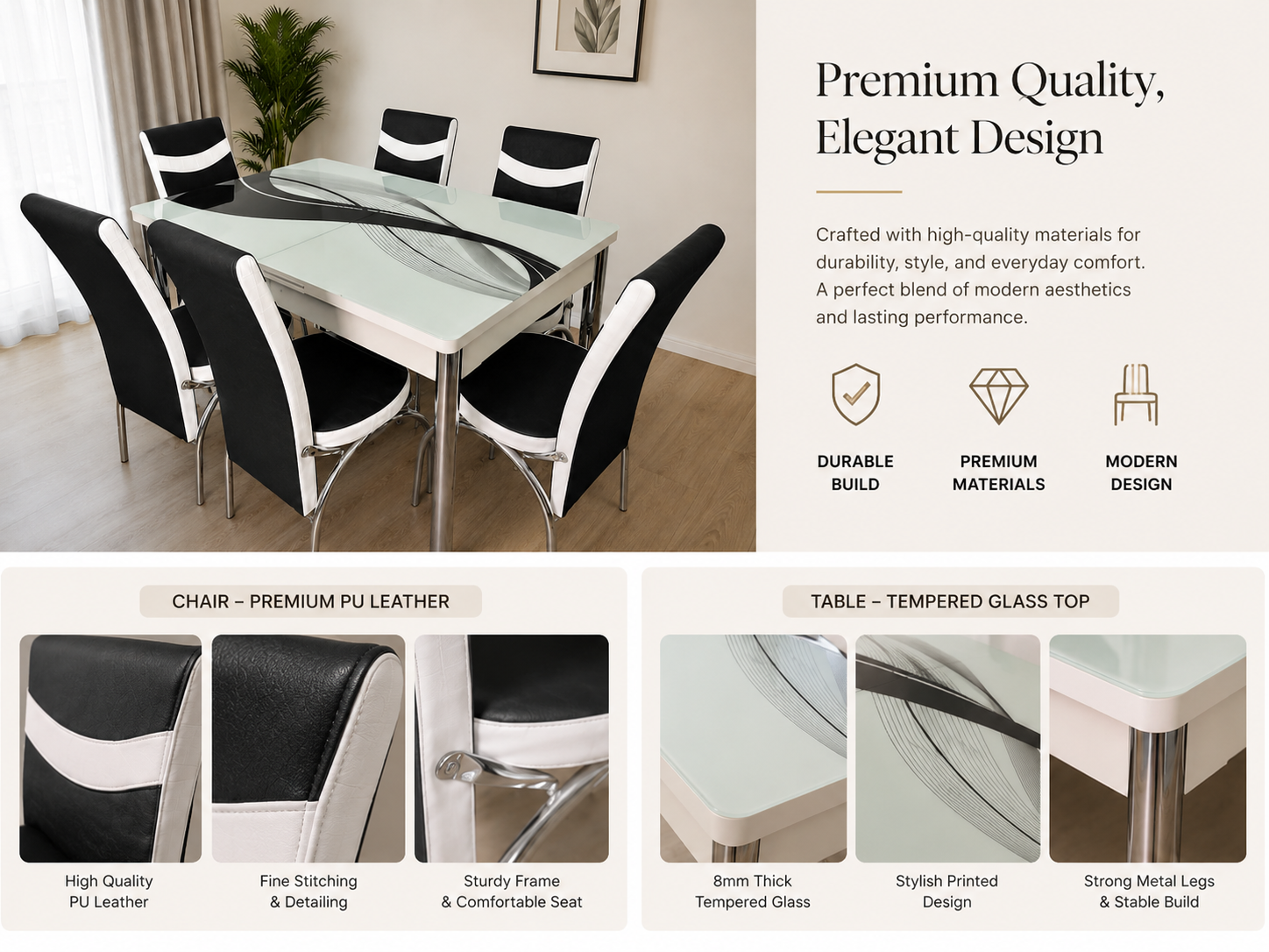 Modern Luxury Glass Dining Table Set with 6 Chairs – Premium Black & White Finish