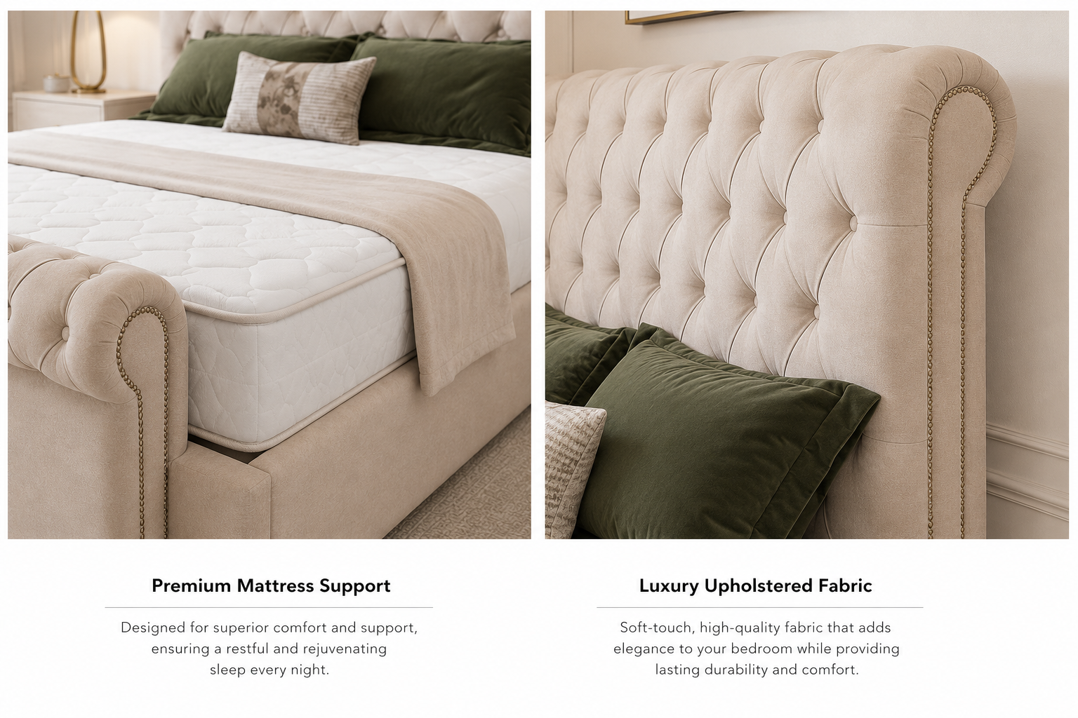 Royal Chesterfield Upholstered Bed – Luxury Tufted Bed Frame in Beige